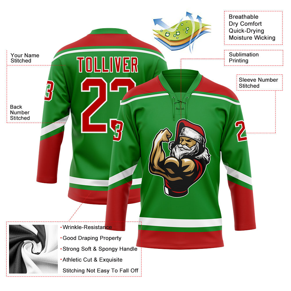 Custom Grass Green Red-White Christmas Santa Claus 3D Hockey Lace Neck Jersey - Sky-Custom