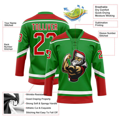 Custom Grass Green Red-White Christmas Santa Claus 3D Hockey Lace Neck Jersey - Sky-Custom