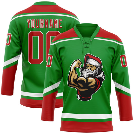 Custom Grass Green Red-White Christmas Santa Claus 3D Hockey Lace Neck Jersey - Sky-Custom