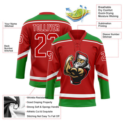 Custom Red Grass Green-White Christmas Santa Claus 3D Hockey Lace Neck Jersey - Sky-Custom