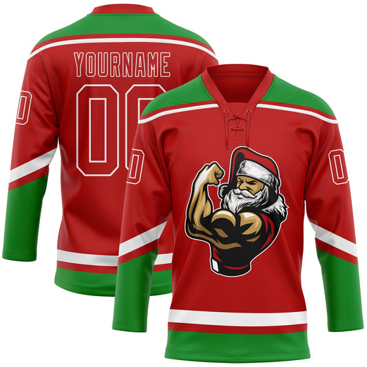 Custom Red Grass Green-White Christmas Santa Claus 3D Hockey Lace Neck Jersey - Sky-Custom