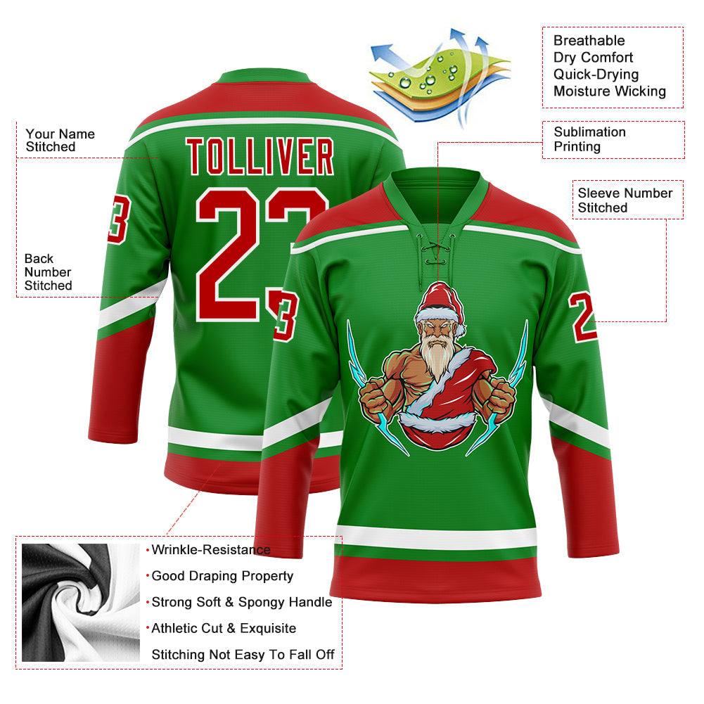 Custom Grass Green Red-White Christmas Santa Claus 3D Hockey Lace Neck Jersey - Sky-Custom
