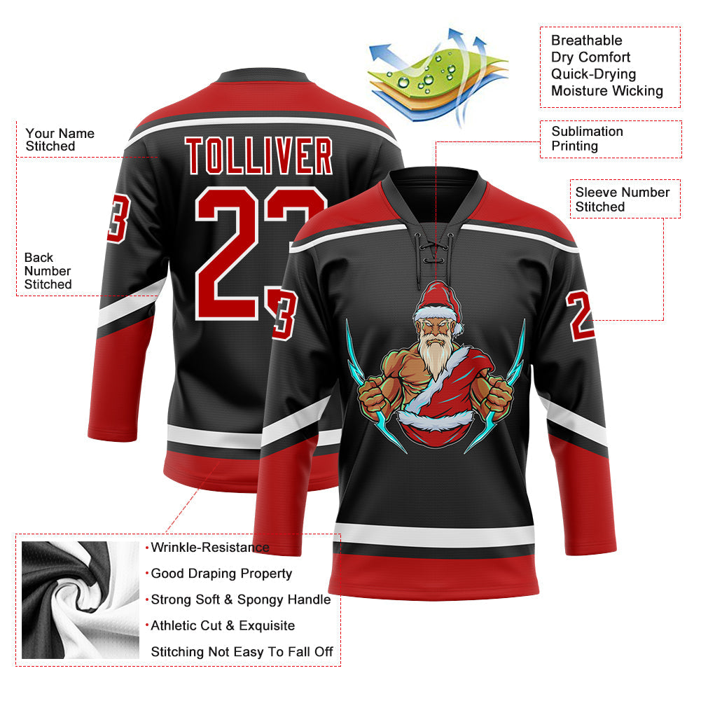 Custom Black Red-White Christmas Santa Claus 3D Hockey Lace Neck Jersey - Sky-Custom