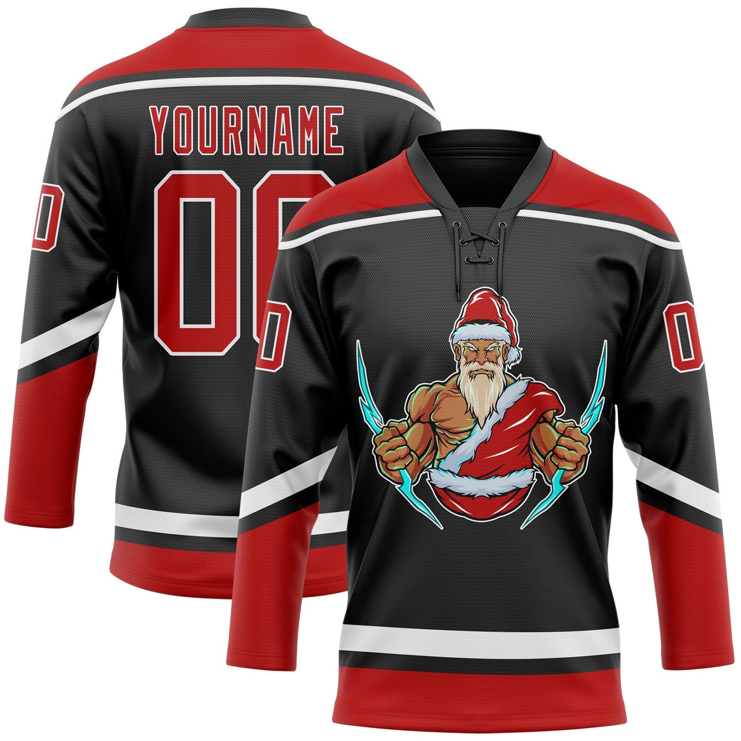 Custom Black Red-White Christmas Santa Claus 3D Hockey Lace Neck Jersey - Sky-Custom