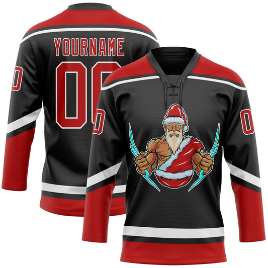 Custom Black Red-White Christmas Santa Claus 3D Hockey Lace Neck Jersey - Sky-Custom