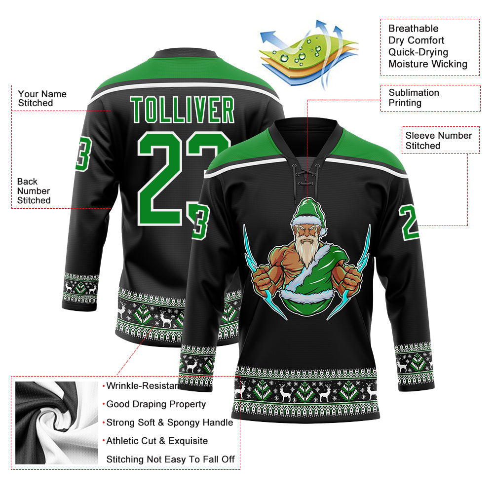 Custom Black Grass Green-White Christmas Santa Claus 3D Hockey Lace Neck Jersey - Sky-Custom