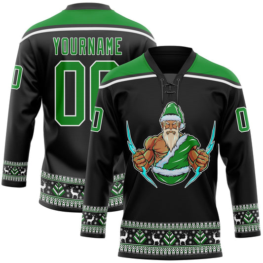 Custom Black Grass Green-White Christmas Santa Claus 3D Hockey Lace Neck Jersey - Sky-Custom