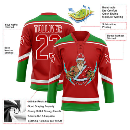Custom Red Grass Green-White Christmas Santa Claus 3D Hockey Lace Neck Jersey - Sky-Custom