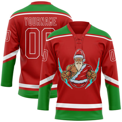 Custom Red Grass Green-White Christmas Santa Claus 3D Hockey Lace Neck Jersey - Sky-Custom