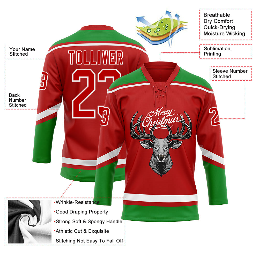 Custom Red Grass Green-White Christmas Reindeer 3D Hockey Lace Neck Jersey - Sky-Custom