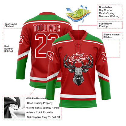Custom Red Grass Green-White Christmas Reindeer 3D Hockey Lace Neck Jersey - Sky-Custom