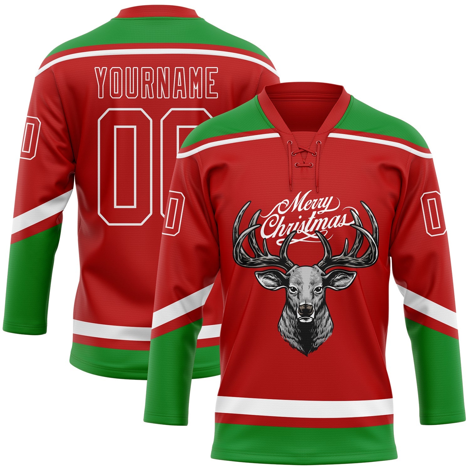 Custom Red Grass Green-White Christmas Reindeer 3D Hockey Lace Neck Jersey - Sky-Custom