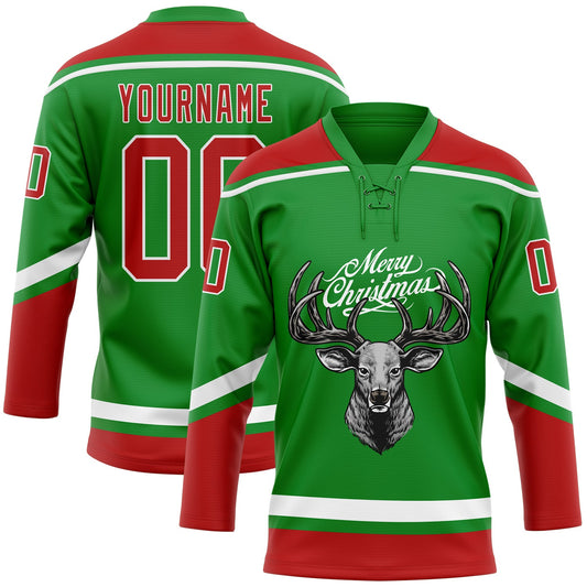 Custom Grass Green Red-White Christmas Reindeer 3D Hockey Lace Neck Jersey - Sky-Custom