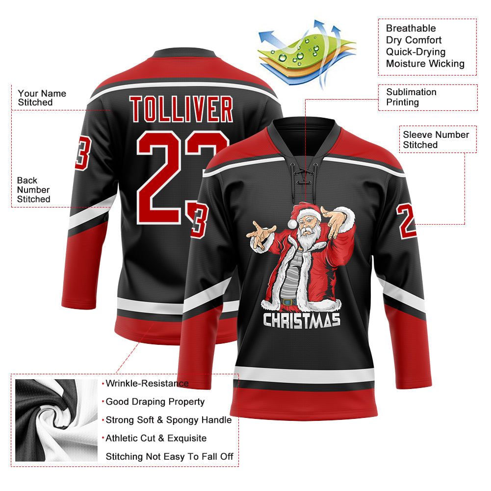 Custom Black Red-White Christmas Santa Claus 3D Hockey Lace Neck Jersey - Sky-Custom