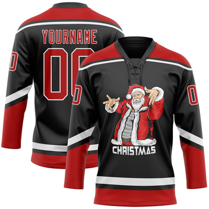 Custom Black Red-White Christmas Santa Claus 3D Hockey Lace Neck Jersey - Sky-Custom