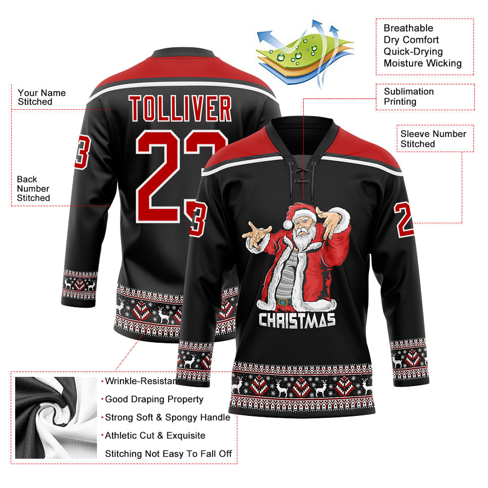 Custom Black Red-White Christmas Santa Claus 3D Hockey Lace Neck Jersey - Sky-Custom