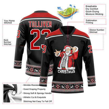 Custom Black Red-White Christmas Santa Claus 3D Hockey Lace Neck Jersey - Sky-Custom