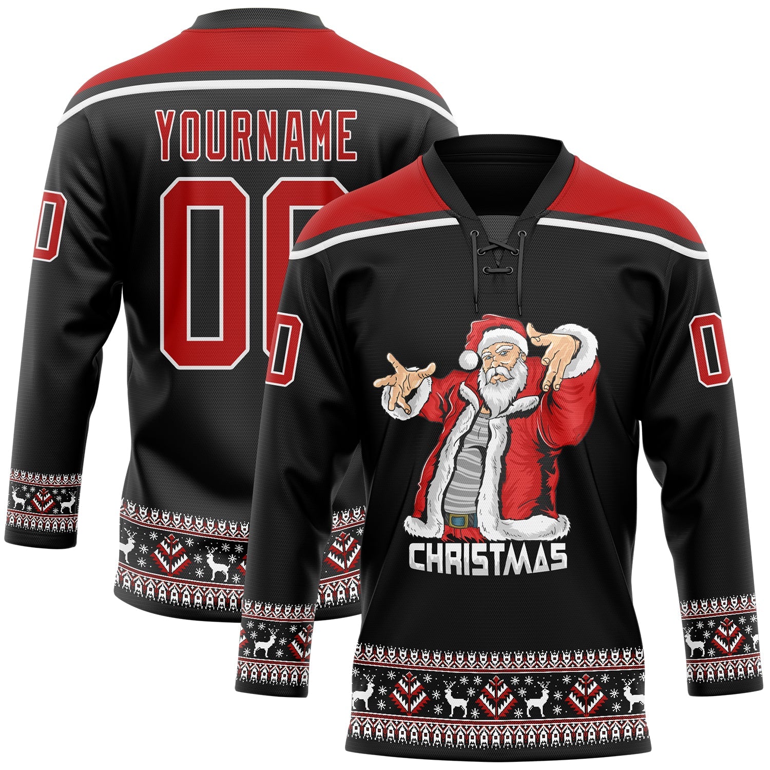 Custom Black Red-White Christmas Santa Claus 3D Hockey Lace Neck Jersey - Sky-Custom