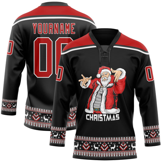 Custom Black Red-White Christmas Santa Claus 3D Hockey Lace Neck Jersey - Sky-Custom
