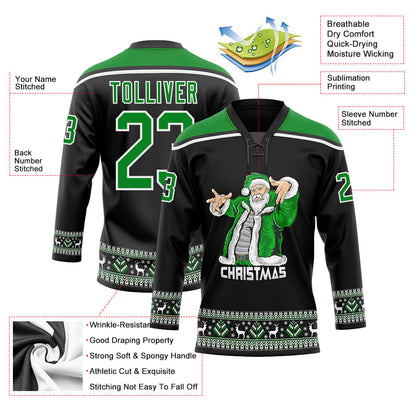 Custom Black Grass Green-White Christmas Santa Claus 3D Hockey Lace Neck Jersey - Sky-Custom