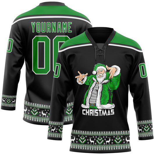 Custom Black Grass Green-White Christmas Santa Claus 3D Hockey Lace Neck Jersey - Sky-Custom