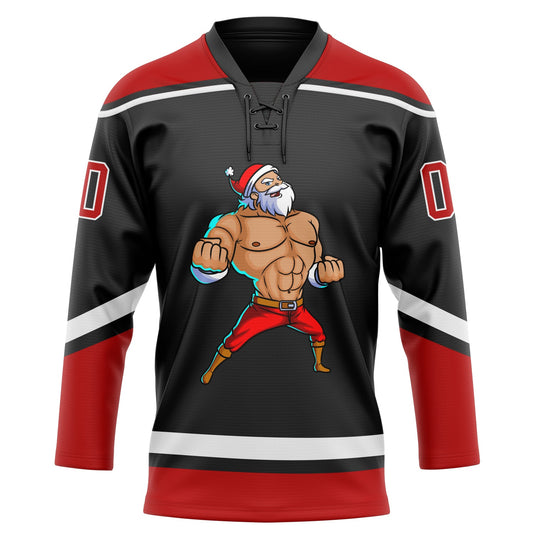 Custom Black Red-White Christmas Santa Claus 3D Hockey Lace Neck Jersey - Sky-Custom
