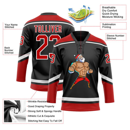 Custom Black Red-White Christmas Santa Claus 3D Hockey Lace Neck Jersey - Sky-Custom