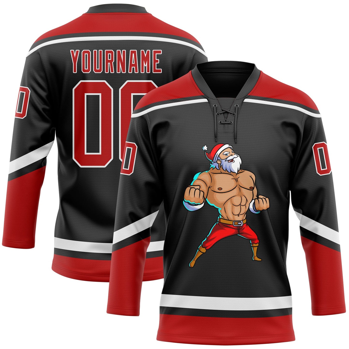 Custom Black Red-White Christmas Santa Claus 3D Hockey Lace Neck Jersey - Sky-Custom