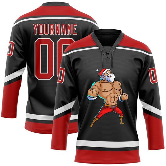 Custom Black Red-White Christmas Santa Claus 3D Hockey Lace Neck Jersey - Sky-Custom