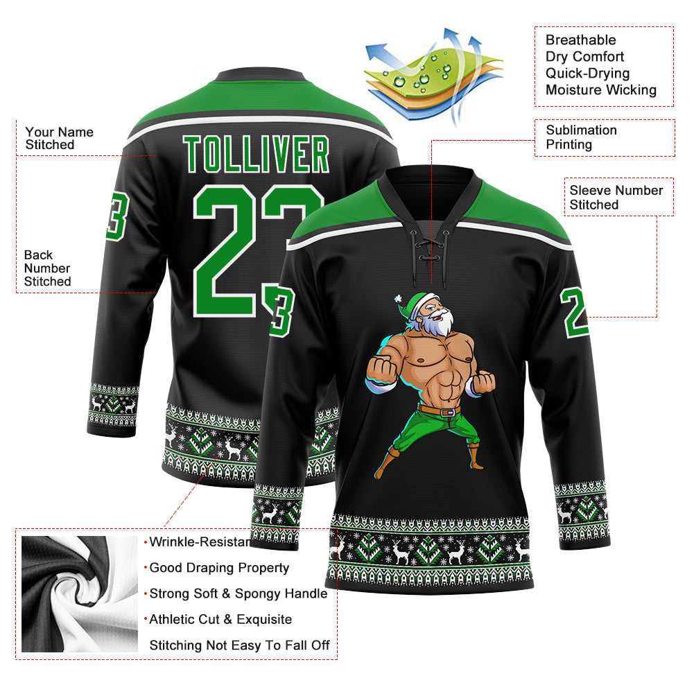 Custom Black Grass Green-White Christmas Santa Claus 3D Hockey Lace Neck Jersey - Sky-Custom