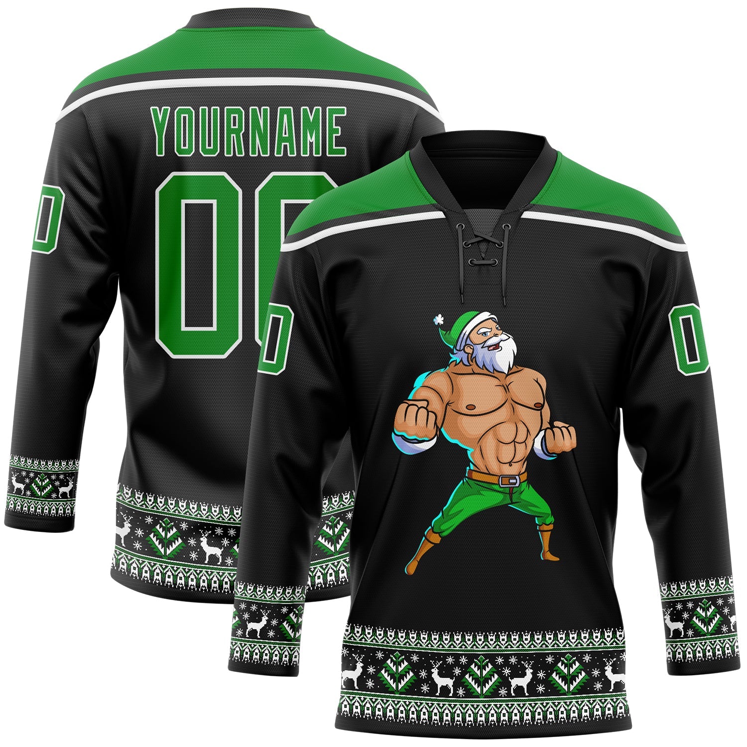 Custom Black Grass Green-White Christmas Santa Claus 3D Hockey Lace Neck Jersey - Sky-Custom