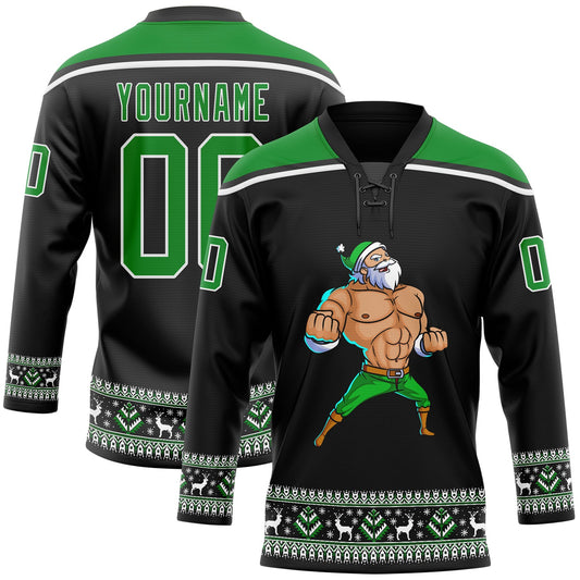 Custom Black Grass Green-White Christmas Santa Claus 3D Hockey Lace Neck Jersey - Sky-Custom
