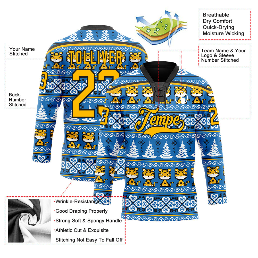 Custom Light Blue Gold-Black Christmas Tree And Tiger 3D Hockey Lace Neck Jersey - Sky-Custom