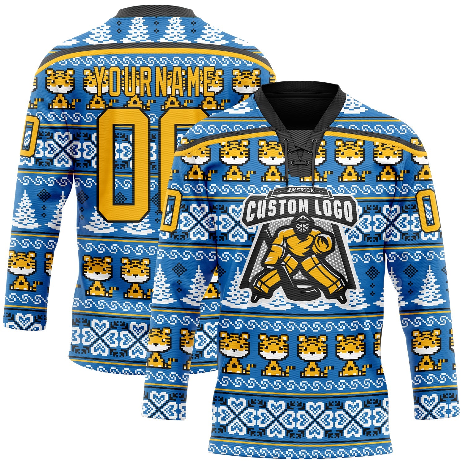 Custom Light Blue Gold-Black Christmas Tree And Tiger 3D Hockey Lace Neck Jersey - Sky-Custom