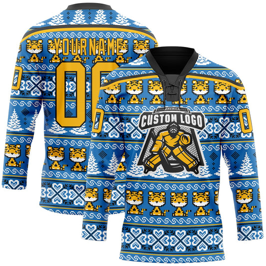 Custom Light Blue Gold-Black Christmas Tree And Tiger 3D Hockey Lace Neck Jersey - Sky-Custom