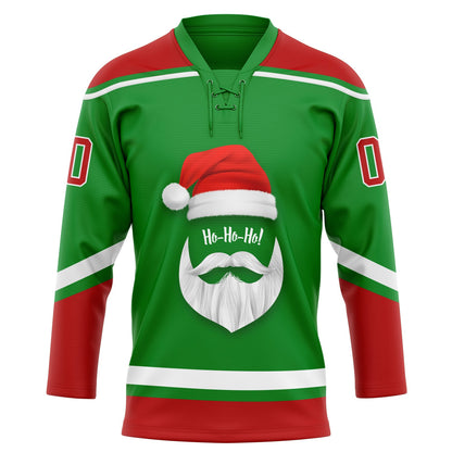 Custom Grass Green Red-White Christmas Santa Claus 3D Hockey Lace Neck Jersey - Sky-Custom