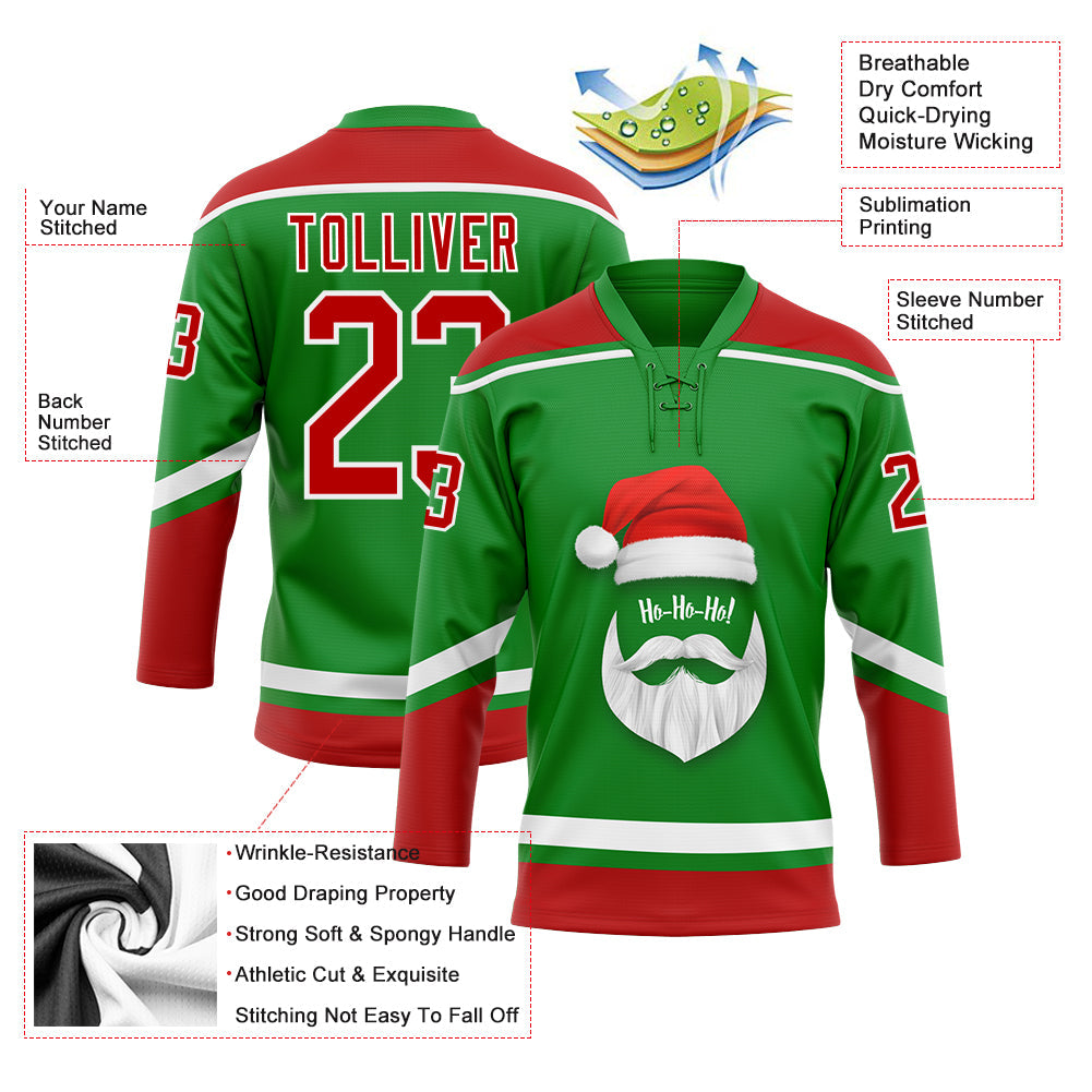 Custom Grass Green Red-White Christmas Santa Claus 3D Hockey Lace Neck Jersey - Sky-Custom