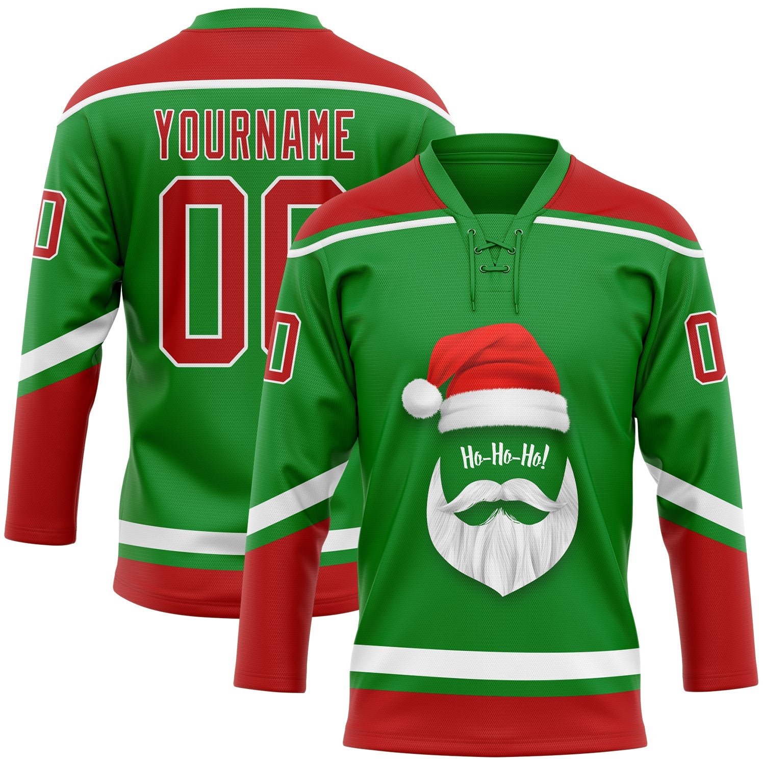 Custom Grass Green Red-White Christmas Santa Claus 3D Hockey Lace Neck Jersey - Sky-Custom