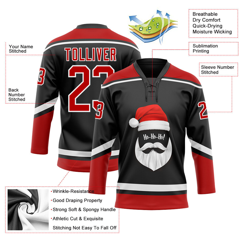 Custom Black Red-White Christmas Santa Claus 3D Hockey Lace Neck Jersey - Sky-Custom