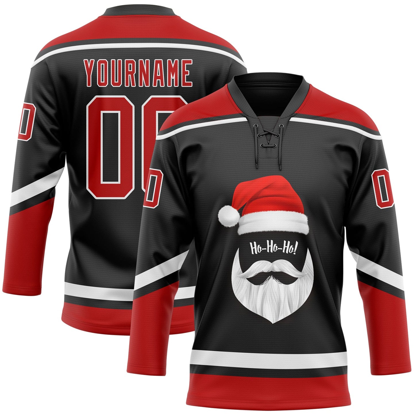Custom Black Red-White Christmas Santa Claus 3D Hockey Lace Neck Jersey - Sky-Custom
