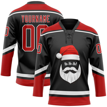 Custom Black Red-White Christmas Santa Claus 3D Hockey Lace Neck Jersey - Sky-Custom