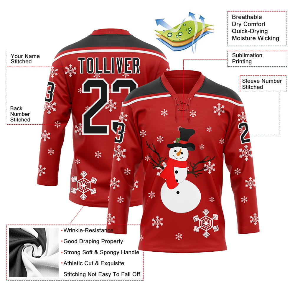 Custom Red Black-White Christmas Snowman 3D Hockey Lace Neck Jersey - Sky-Custom