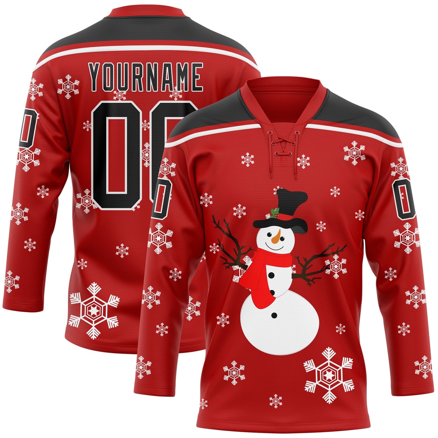 Custom Red Black-White Christmas Snowman 3D Hockey Lace Neck Jersey - Sky-Custom