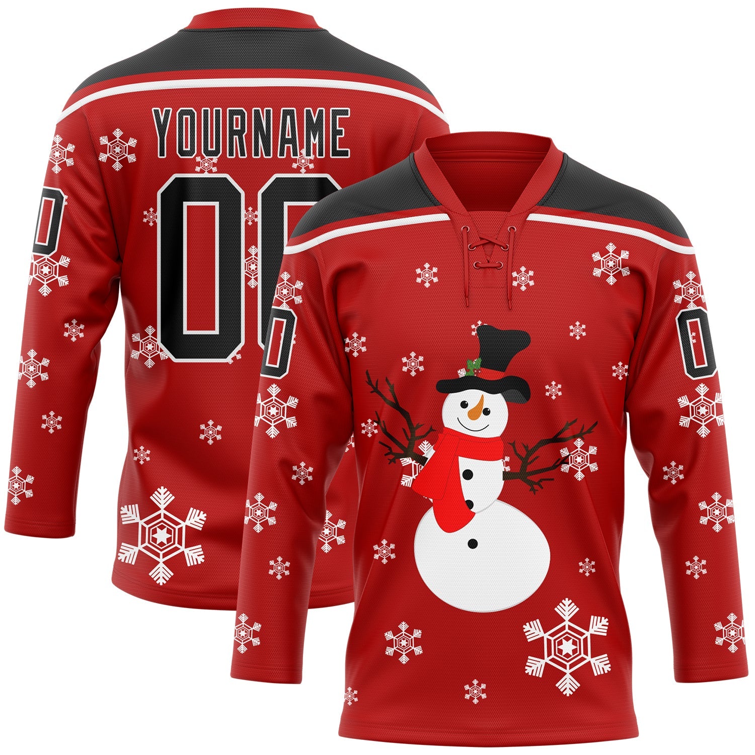 Custom Red Black-White Christmas Snowman 3D Hockey Lace Neck Jersey - Sky-Custom