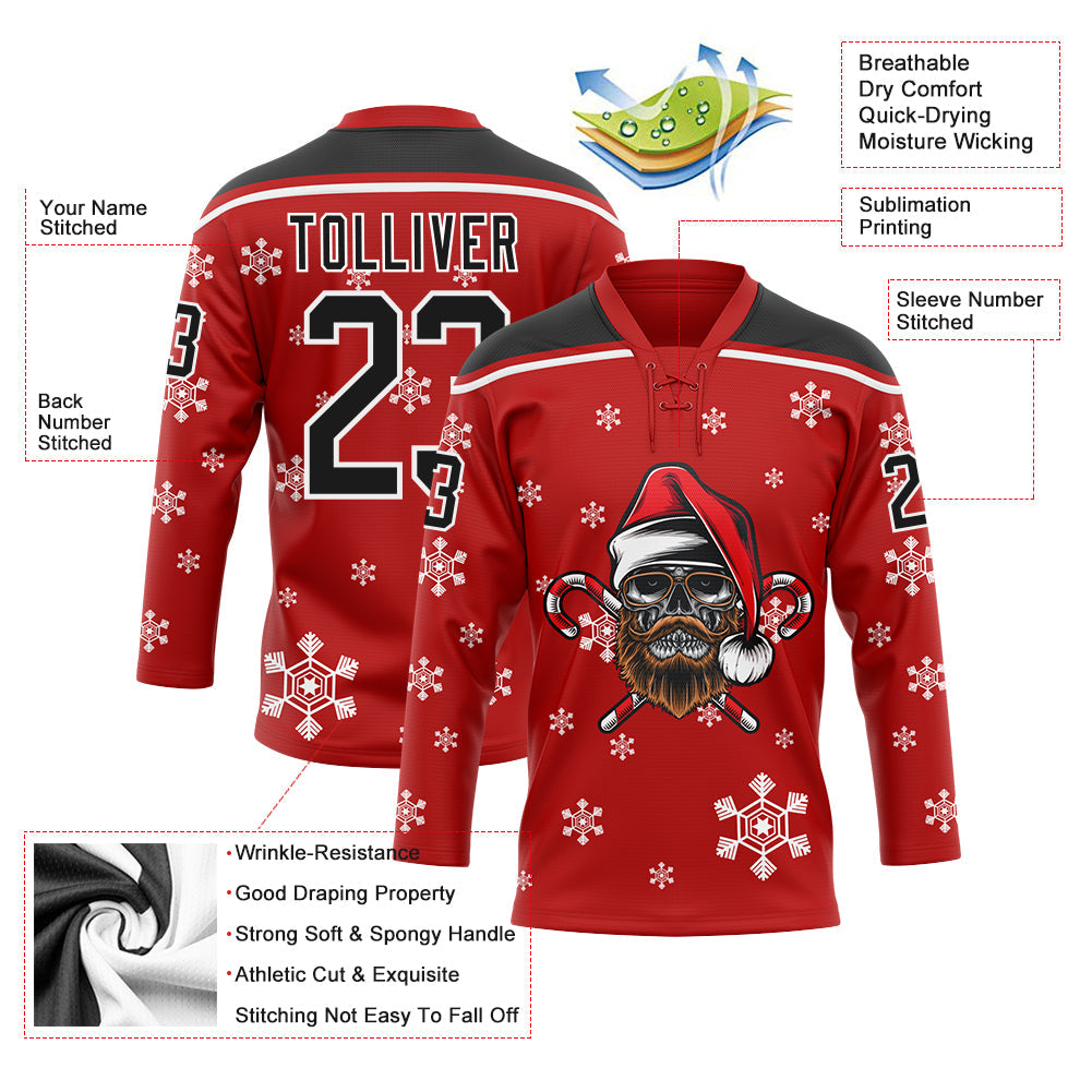 Custom Red Black-White Christmas Dog Wearing Santa Claus Costume 3D Hockey Lace Neck Jersey - Sky-Custom