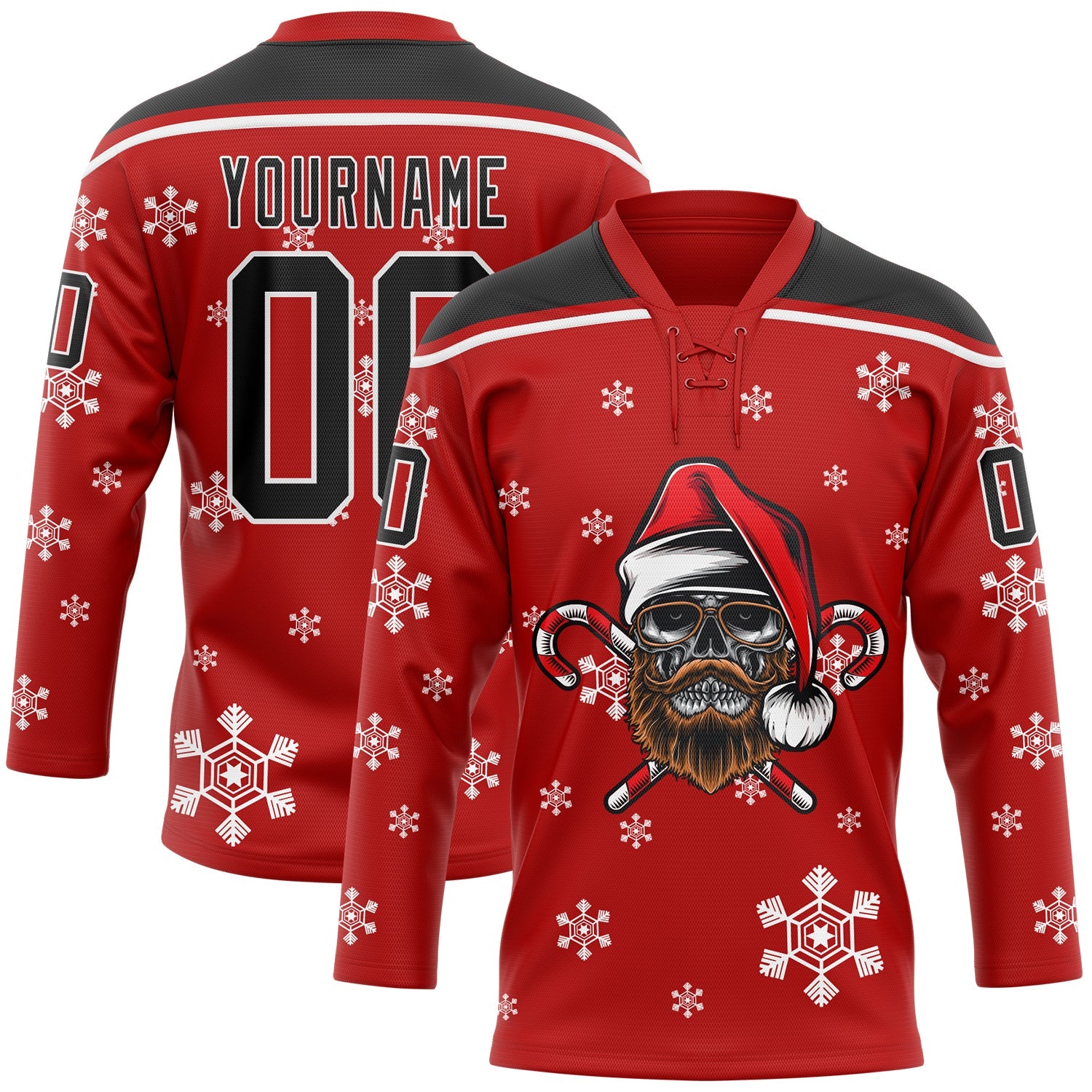 Custom Red Black-White Christmas Dog Wearing Santa Claus Costume 3D Hockey Lace Neck Jersey - Sky-Custom