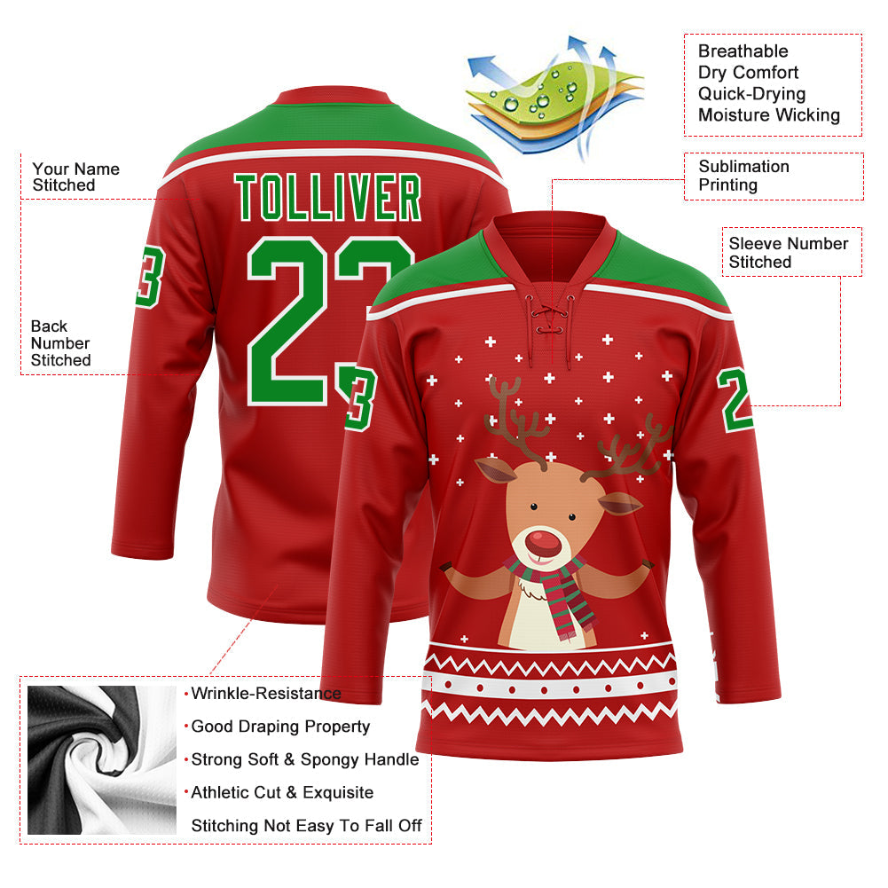 Custom Red Grass Green-White Christmas Reindeer 3D Hockey Lace Neck Jersey - Sky-Custom
