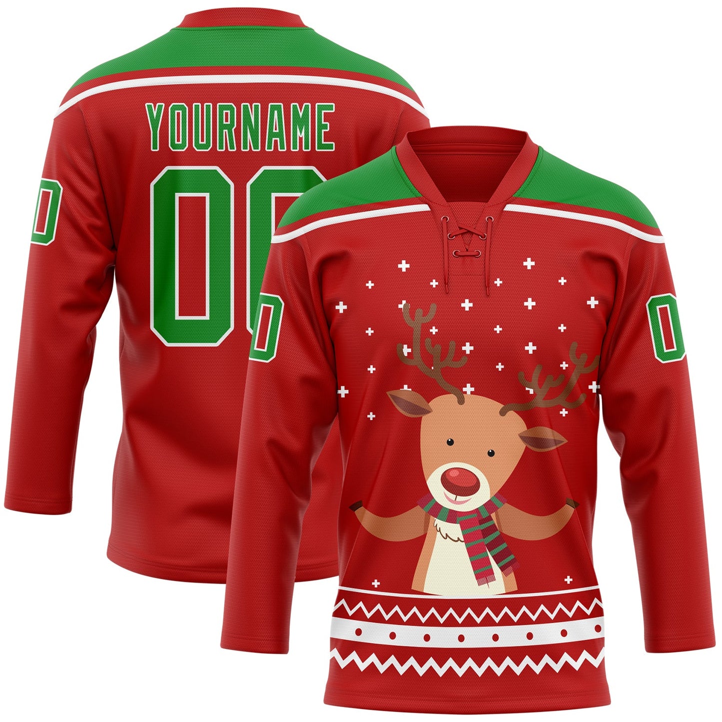Custom Red Grass Green-White Christmas Reindeer 3D Hockey Lace Neck Jersey - Sky-Custom