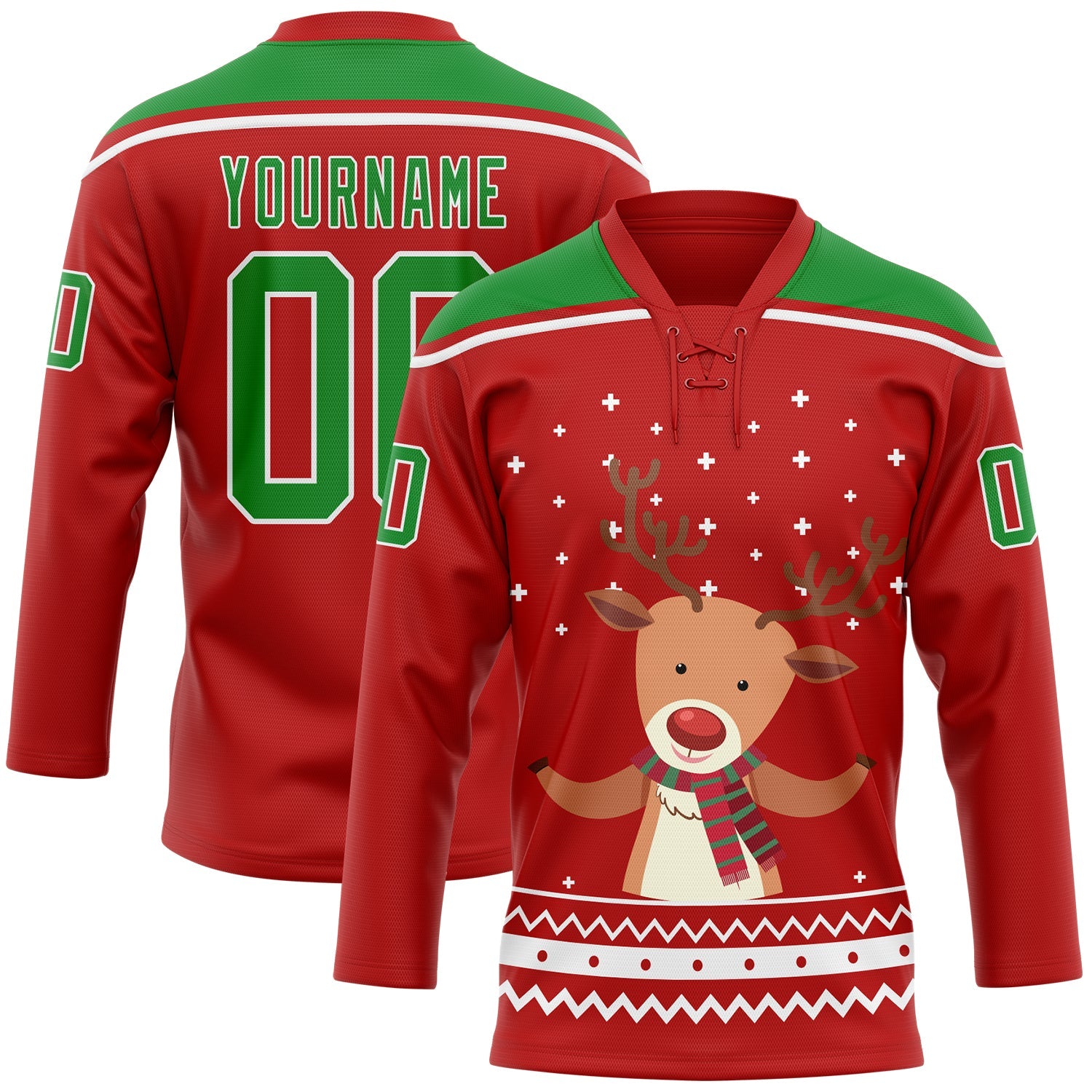 Custom Red Grass Green-White Christmas Reindeer 3D Hockey Lace Neck Jersey - Sky-Custom