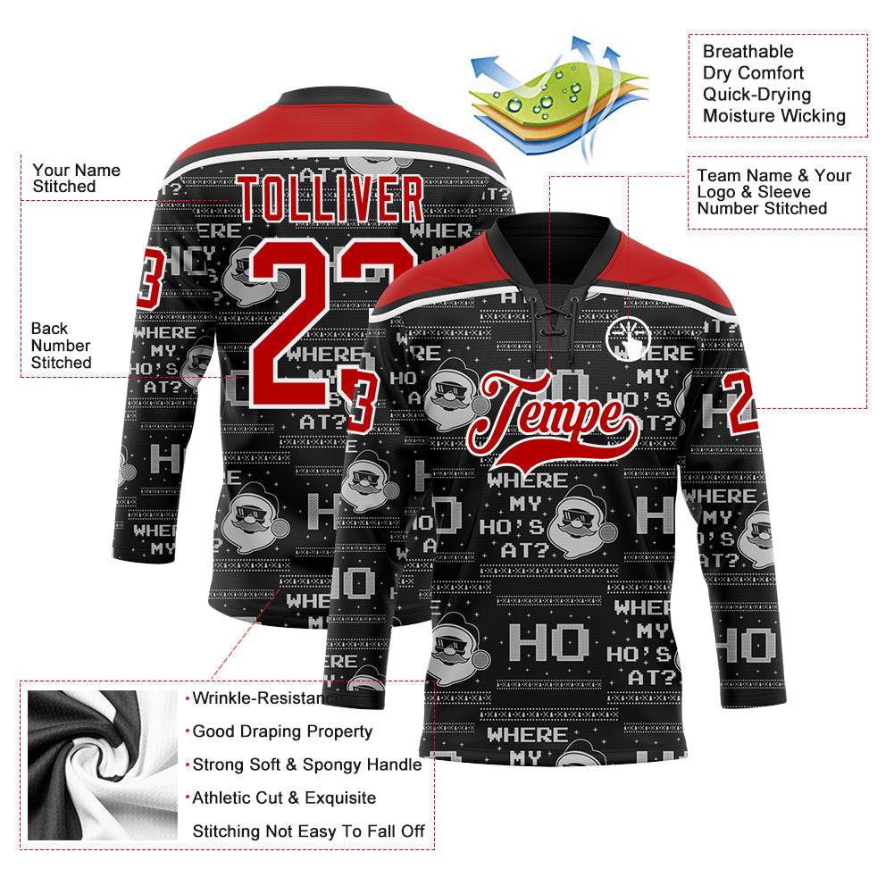 Custom Black Red-White Christmas Santa Claus 3D Hockey Lace Neck Jersey - Sky-Custom